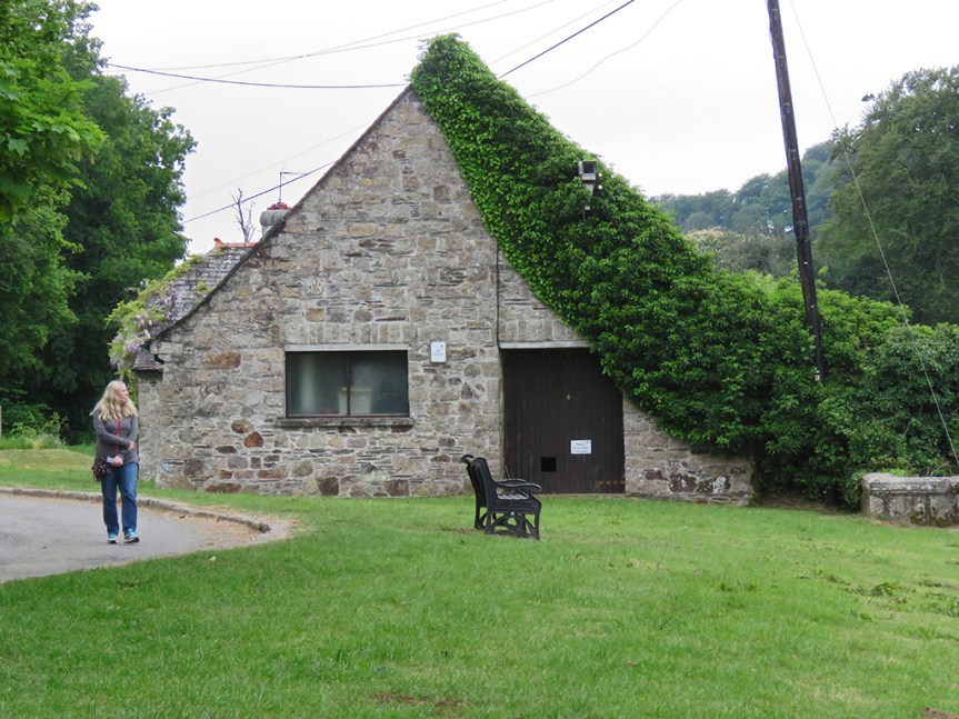 Stone building with ivy growing along one side, up the roof.