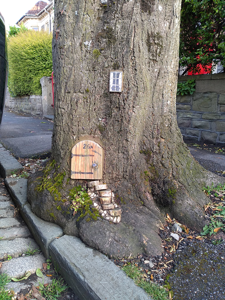 small fairly door and window on the base of an urban tree by the sidewalk.