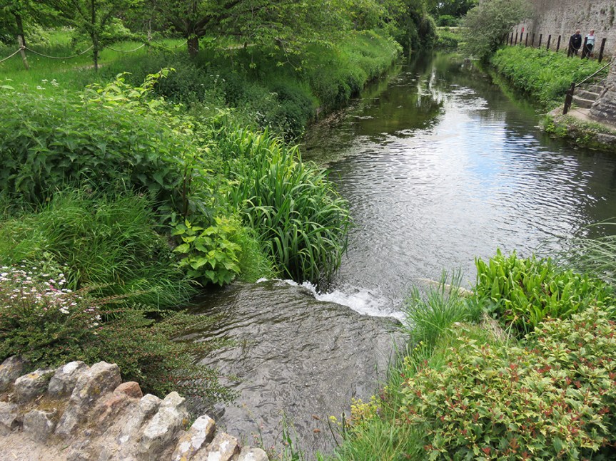 Water feature with small waterfall flowing away and down into the gardens.