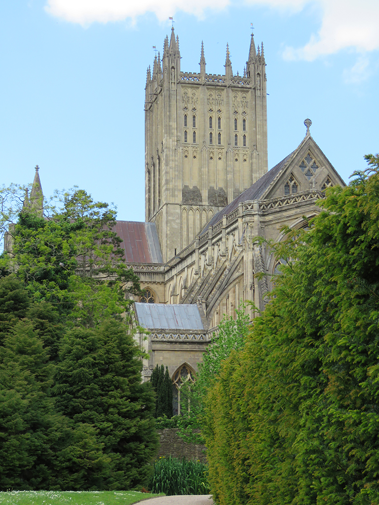 Cathedral tower rising with the church in front of trimmed hedges and trees.