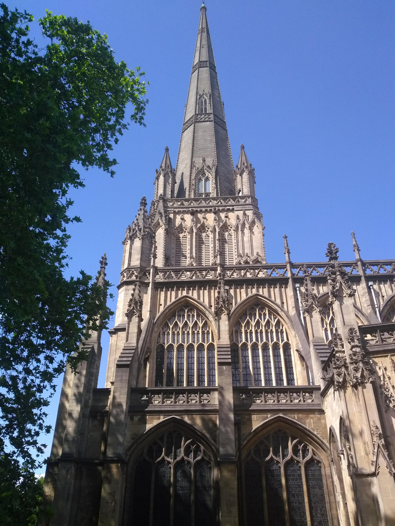 Gothic church with spire.